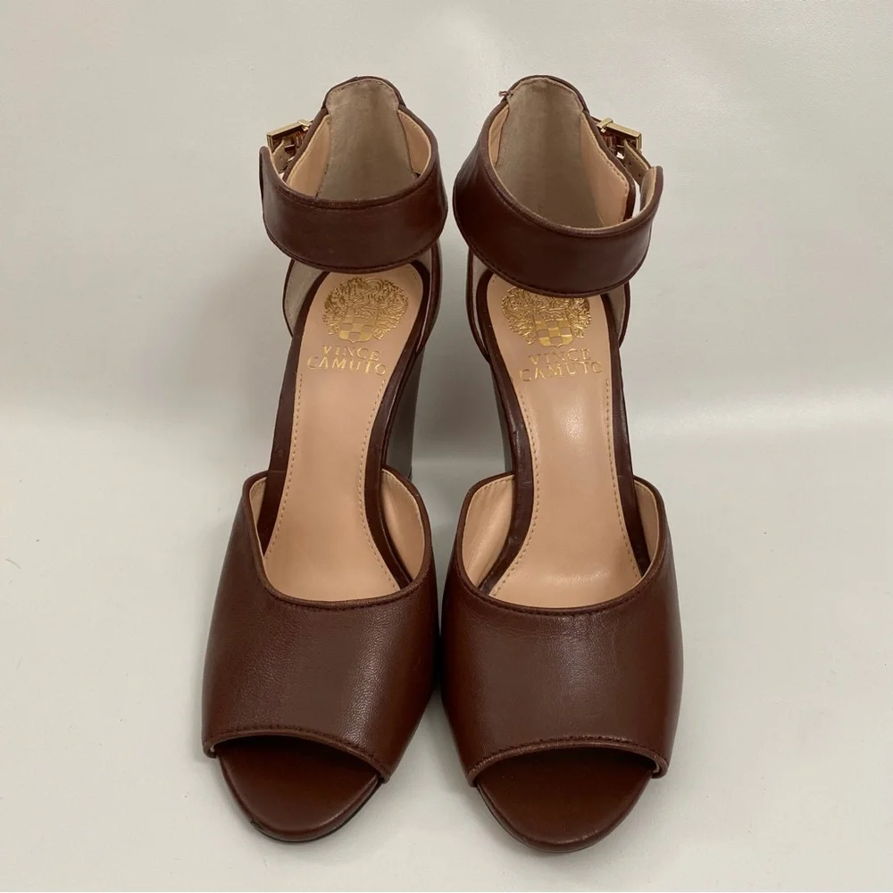 Vince Camuto Peep Toe Wedge Ankle Strap Size 7 Brown Heeled Sandals Women’s - Picture 6 of 14